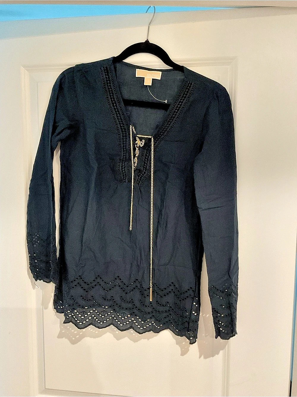 Michael Kors Blue Eyelet Trim Blouse Size Petite Medium